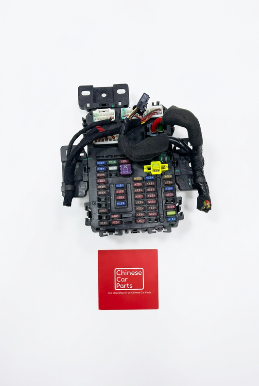 Jetour T2 dashboard fuse box and cabin body control module on white background, view 1